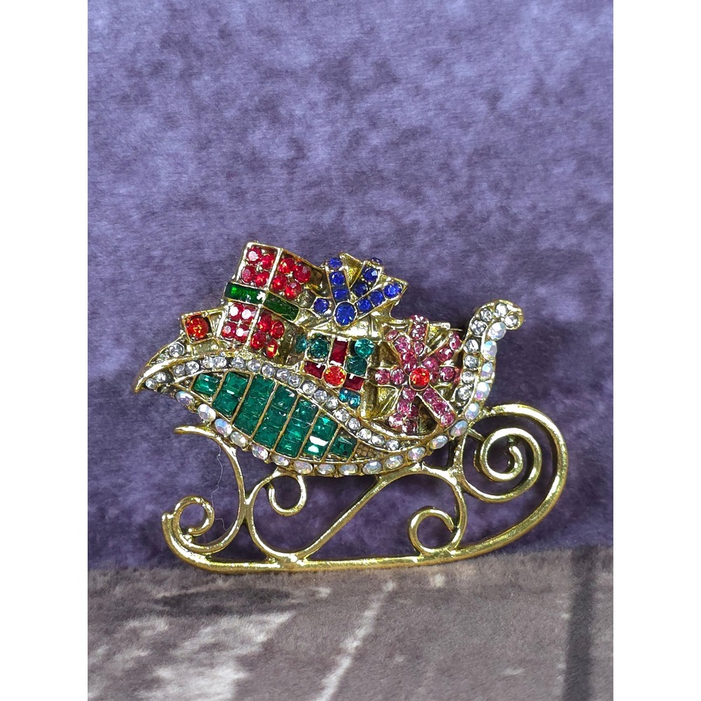 Christmas Sleigh Rhinestone Pin Brooch Gold Tone Holiday Gifts Women